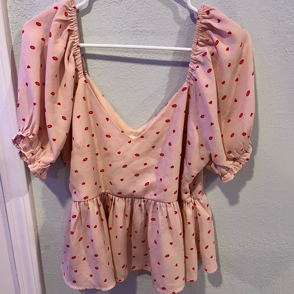 Pink Ruched Peplum Blouse with Puff Sleeves